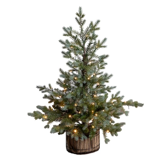 Nearly Natural 3ft. Pre-Lit Artificial Pine Christmas Tree in Jute Wire Planter, Warm White LED lights